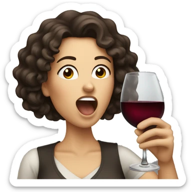 White Woman with curly dark brown hair drinking wine shouting sticker