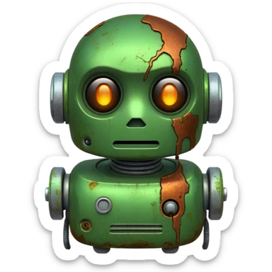 make a tired old robot emoji, covered in green sludge, 2d sticker