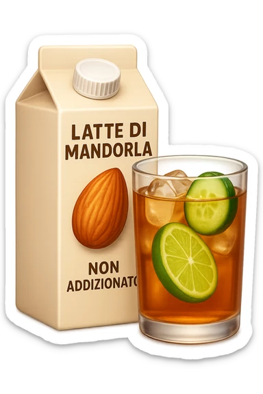 emoji stile iphone di un pacco di latte di mandorla non addizionato accanto ad un bicchiere di vetro di tè freddo con fettine di cetriolo e lime
IPERREALISTICO 4K sticker