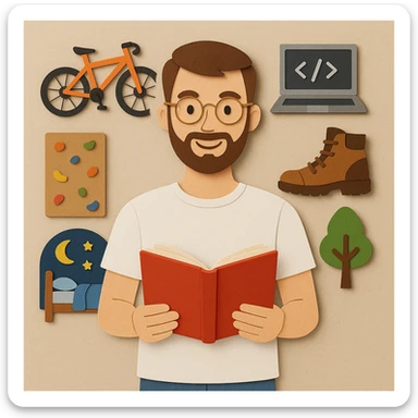 paper-craft style young man with light skin, short brown hair, neatly trimmed beard, round gold-rimmed glasses, smiling, plain white t-shirt, holding open red book at chest level, surrounded by hobby icons: orange mountain bike, gray laptop with code, brown hiking boot, climbing wall, bed with blue blanket and moon-and-stars, green tree sticker