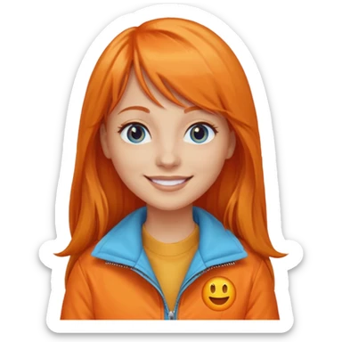 Create a custom emoji-style character inspired by a smiling woman with long orange hair and bangs, light skin tone, light blue eyes, and wearing an orange jacket sticker