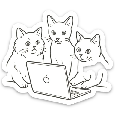 three cats at a computer, hand-drawn outline style sticker