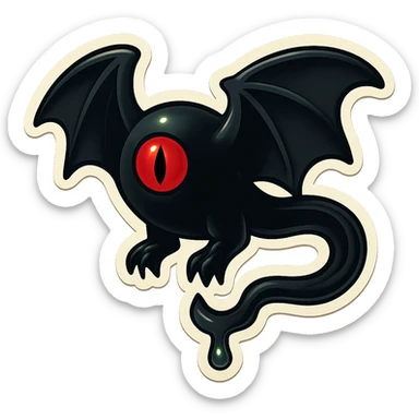 an all black reptilian bat-like creature. One cyclopian red eye in its face. no visible mouth or ears. 2 hind legs with claws. has a long tale with a stinger that drips green poison. no ears. no horns. no arms. visible bone-like stinger at end of tail sticker