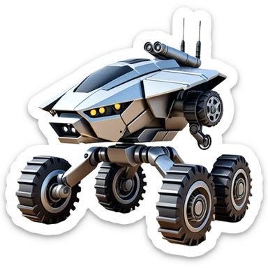 Futuristic jumping 8-wheel armored canine sporty self-balancing massive mech trail assault vehicle motor-in-wheel side-hill leaning actively robotically articulating hydraulic independent suspended pod gimbal defender mech off-road racing rover with large fast engine basher crawler megatron  sticker