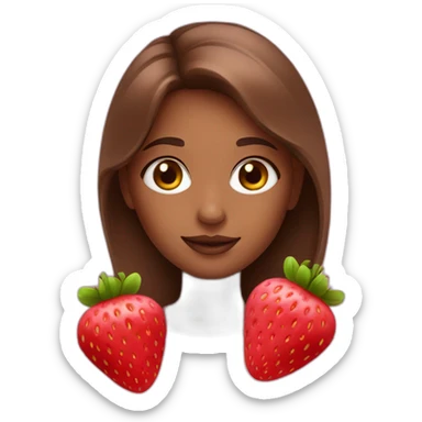 A girl with strawberries, wearing pink, with brown hair and cute makeup sticker