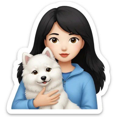 A black hair asian girl with a bright skintone holding a samoyed dog sticker