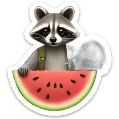 A raccoon with a watermelon behind the wheel of a car and a spanner sticker