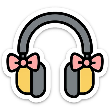gray headphones with light pink bows on both sides, color outline icon style sticker