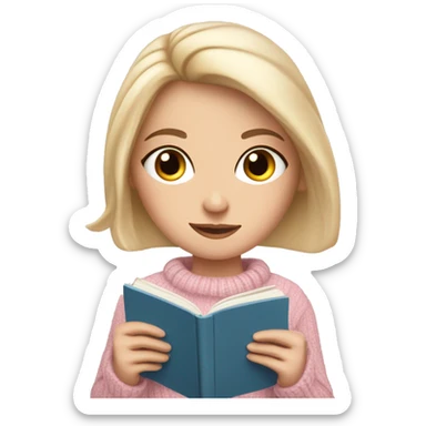 Pretty blue eyed white girl with light pink sweater reading cozy sticker