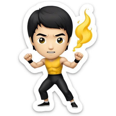 Cinematic Realistic Bruce Lee Pop Culture Emoji, featuring a dynamic portrayal of the legendary martial artist rendered with crisp detail and energetic lighting. sticker