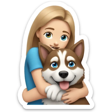 a girl with blue eyes and light-brown hair hugs a husky dog ​​with brown eyes sticker