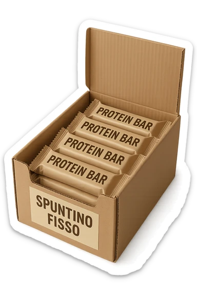 scatola aperta piena di barrette proteiche, con la scritta "SPUNTINO FISSO" SULLA CONFEZIONE in italiano,  realistici sticker