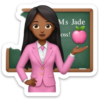 a brown skin teacher with hair with black straight long hair wearing pink not hot pink 2 piece set teaching up on a board the board says Ms. jade sticker