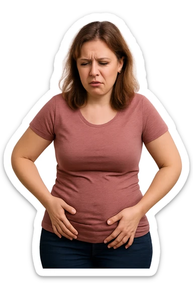realistic woman, frustrated or dissatisfied expression, complaining about her body weight, posture showing discomfort, no background, 2:3 aspect ratio sticker