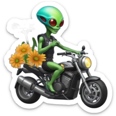 An alien from Jupiter wearing a flower necklace and riding a super bike sticker