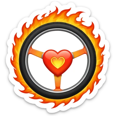 a car wheel on fire, and in the center of the wheel (instead of the car icon) there is a red flaming heart sticker
