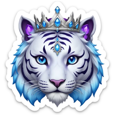 ESO Female white/black tiger khajiit leader of the umbral rose, glowing blue eyes, glowing blue 'third eye' gem; silver crown/tiara with purple gems  sticker