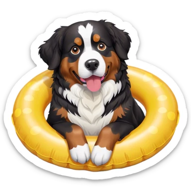 Bernese Mountain Dog with a bow swims with an inflatable ring sticker