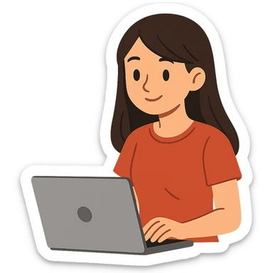 flat toon style brunette girl working on a laptop sticker