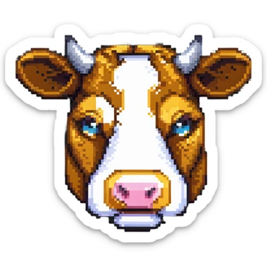 simple blocky Minecraft cow head emoji with 2 or 3 large colorful square pixels, chunky, playful, childlike sticker
