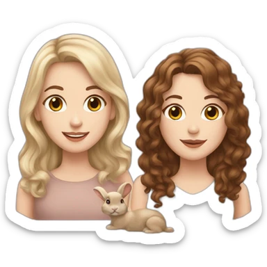 a white girl with brown hair and a white girl with brown curly hair and a beige rabbit sticker