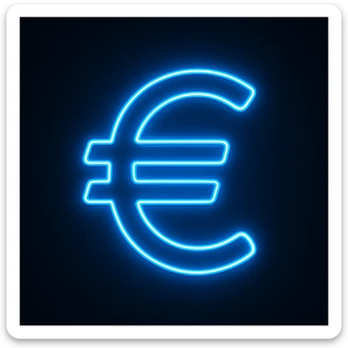 Euro sign (€) emoji, neon-blue style, electric-blue glow, smooth lines, techy aesthetic, dark background. sticker