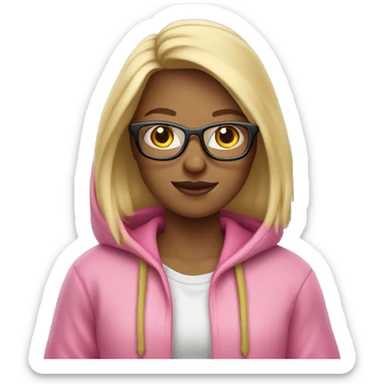 Blonde in a pink hoodie, glasses, loose hair and with an iPad in her hands sticker