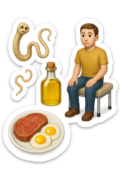 emoji stile iphone di UN PIATTO CON CARNE ROSSA E UOVA, UNA BOTTIGLIA DI OLIO DI SEMI, DUE PARASSITI TIPO LA TENIA, UOMO SEDUTO SU UN LETTINO DA FISIOTERAPISTA, IPERREALISTICO 4K sticker