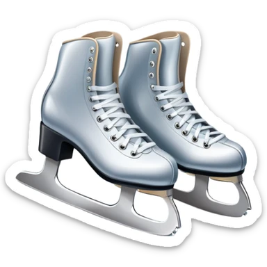 An icon featuring a pair of elegant figure skates resting on scratched ice in the center of an ice stage. The background shows distant spectator stands, with soft spotlights highlighting the skates. Transparent background emphasizes the quiet beauty of the scene. sticker