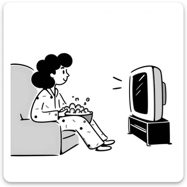 Hand-drawn person in pajamas watching movie at home with a big bowl of popcorn, tv light glowing sticker