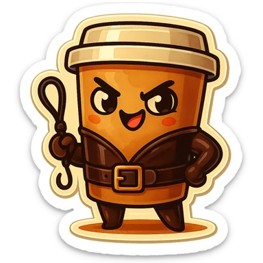 Tall coffee cup, dressed in leather holding a whipping crop, mischevious, sticker