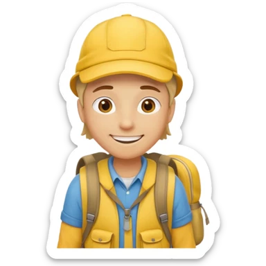Cartoon explorer wearing a yellow cap and yellow backpack, casual outdoor outfit sticker