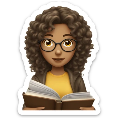 Curly haired brunette girl with long hair reading a book sticker