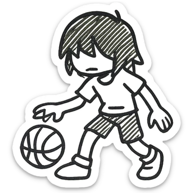 Kris from Deltarune dribbling a basketball, outlined icon style, minimalistic, black lines, no fill sticker