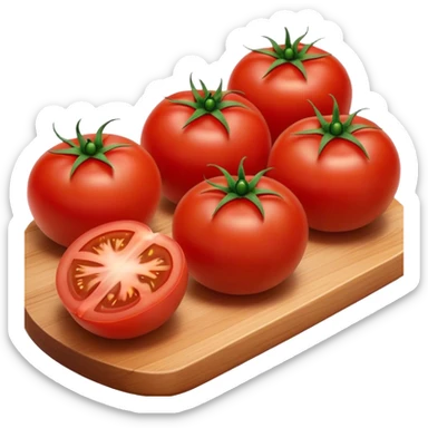 Cinematic juicy ripe tomatoe, deep red, slightly dewy, arranged on a wooden cutting board, soft glowing background, rich and flavorful. sticker