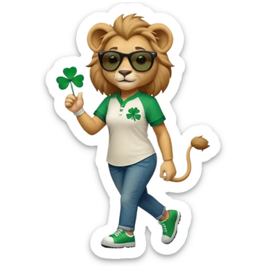 confident anthropomorphised female lion wearing baseball shirt and jeans with shamrock and green accents, dark sunglasses, walking upright, looking self-assured sticker