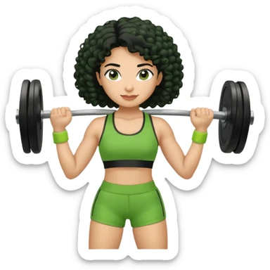 woman with olive skin and curly black hair wearing a green workout outfit (shorts) and lifting weights sticker