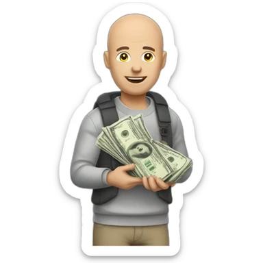a bald guy holding a $ moneybag sticker