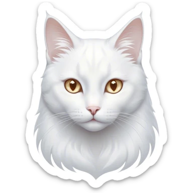 Cinematic Noble White Cat Portrait Emoji, Poised and stately, with a pristine, snow-white fur accented by delicate hints of silver, refined whiskers and a serene, focused gaze, simplified yet impeccably detailed, glowing with an ethereal radiance and timeless elegance, high shine, exuding calm intelligence and regal simplicity, soft glowing outline, capturing the essence of a noble white cat that radiates quiet majesty! sticker
