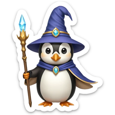 penguin wizard, magical staff, wearing a pointed hat, fantasy sticker