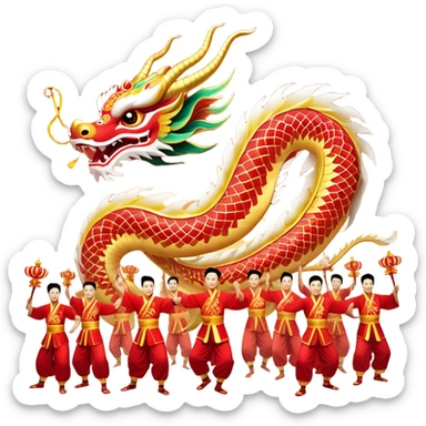 Cinematic Realistic scene of a Chinese Dragon Dance featuring performers energetically holding a vibrant dragon model aloft, with intricately detailed scales and dynamic flowing costumes, illuminated by festive red and gold lighting that captures the spirit of celebration. sticker