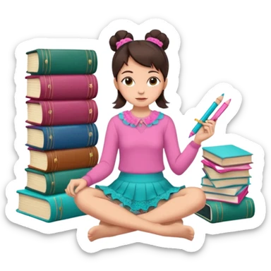A brunette woman with straight, dark brown hair styled in two buns wears a pink long-sleeved shirt and a turquoise lace ruffled skirt. She is barefoot and holds a crayon in one hand. She sits cross-legged on the floor, which is covered with stacks of colorful notebooks. Art Deco style illustration. sticker