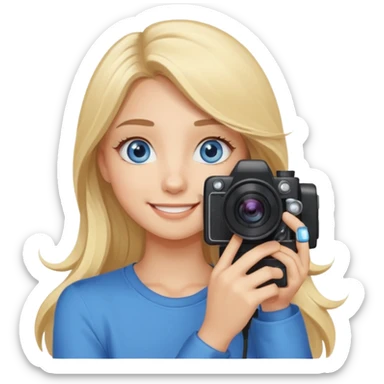  blue eyes blonde girl photographer cartoon taking picture in middle of taking picture camera in front of face long hair smiling funny flash professional, camera in front of face sticker