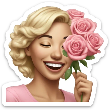 Hyper Realistic beautiful woman smells bouquet of roses laughing  sticker