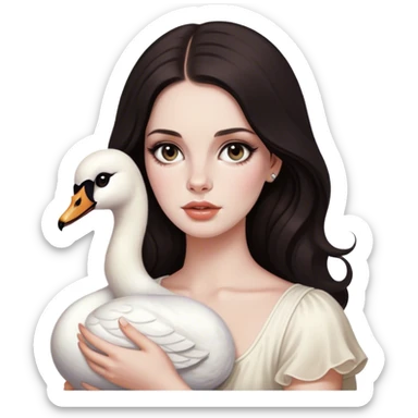 Girl who looks like Lana del Rey with dark hair, dark brown cat eyes, pale skin, with a Roman nose, holding a swan sticker