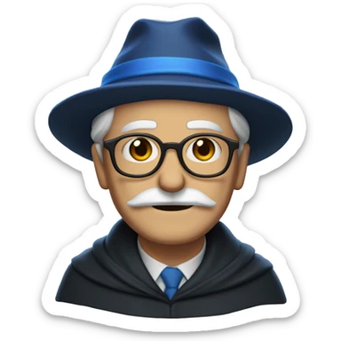older man with white skin, black longer hair, mustache, glasses, with a magic hat, ravenclaw sticker