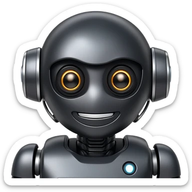 friendly modern face of a black robot with bright white led eyes, smiling, non-threatening sticker