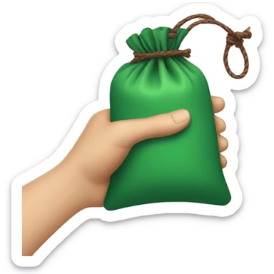 hand holding up a green pouch that is tied with brown string sticker