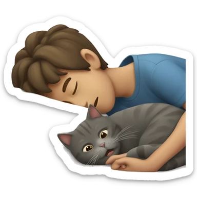 Grey cat taking a nap with a boy who has brown hair sticker