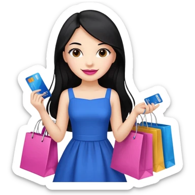 Girl with long black hair, pink lipstick, brown eyes holding shopping bags and blue credit card and wearing a dress  sticker